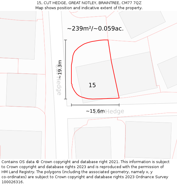 15, CUT HEDGE, GREAT NOTLEY, BRAINTREE, CM77 7QZ: Plot and title map