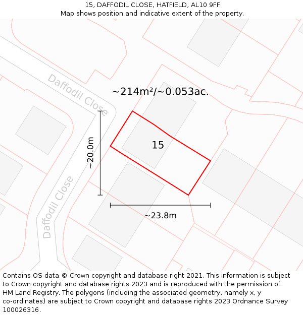 15, DAFFODIL CLOSE, HATFIELD, AL10 9FF: Plot and title map