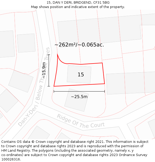 15, DAN Y DERI, BRIDGEND, CF31 5BG: Plot and title map