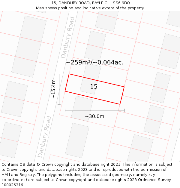 15, DANBURY ROAD, RAYLEIGH, SS6 9BQ: Plot and title map