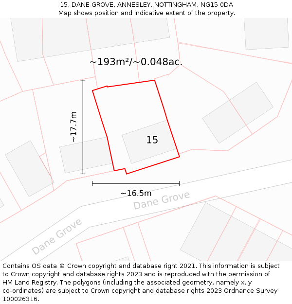 15, DANE GROVE, ANNESLEY, NOTTINGHAM, NG15 0DA: Plot and title map