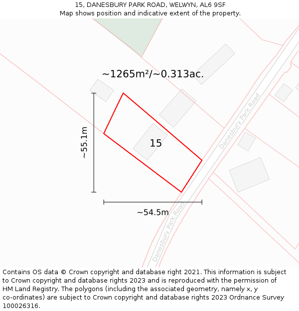 15, DANESBURY PARK ROAD, WELWYN, AL6 9SF: Plot and title map