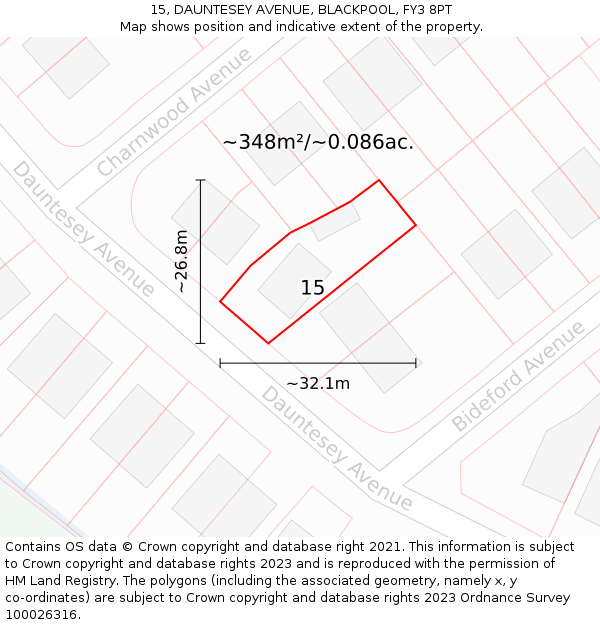 15, DAUNTESEY AVENUE, BLACKPOOL, FY3 8PT: Plot and title map