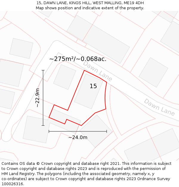 15, DAWN LANE, KINGS HILL, WEST MALLING, ME19 4DH: Plot and title map