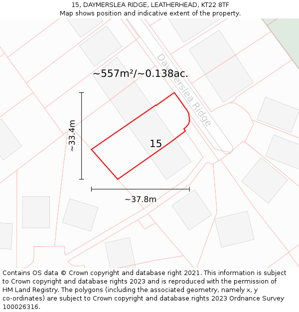15, DAYMERSLEA RIDGE, LEATHERHEAD, KT22 8TF: Plot and title map