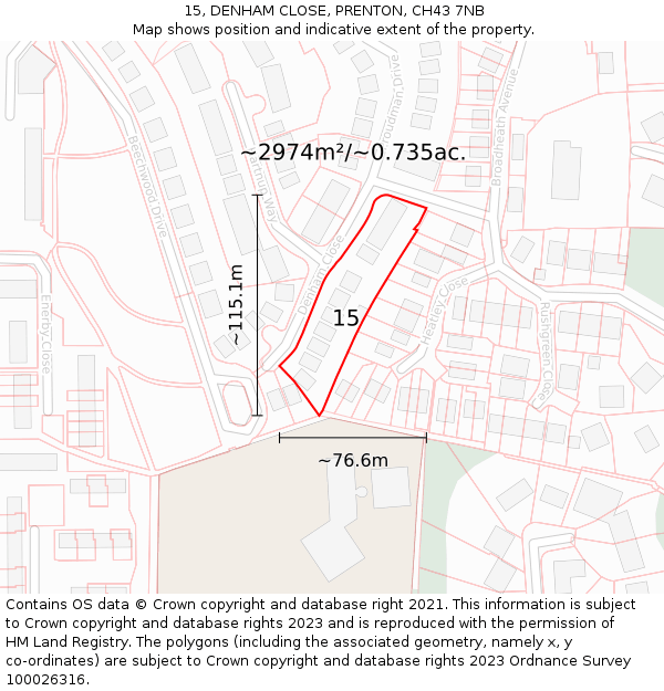 15, DENHAM CLOSE, PRENTON, CH43 7NB: Plot and title map