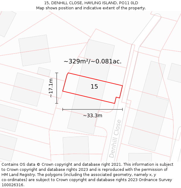 15, DENHILL CLOSE, HAYLING ISLAND, PO11 0LD: Plot and title map