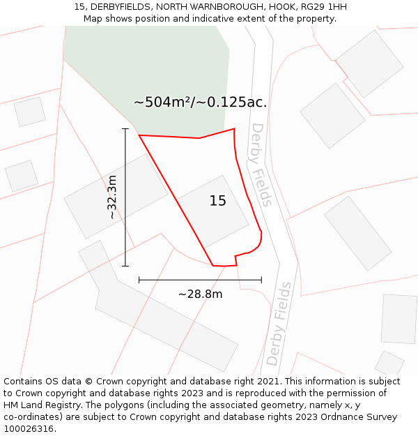 15, DERBYFIELDS, NORTH WARNBOROUGH, HOOK, RG29 1HH: Plot and title map