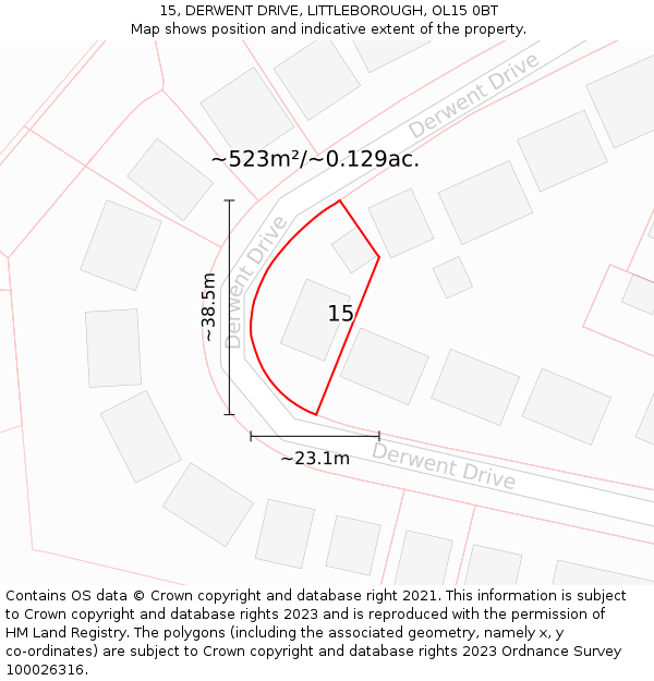 15, DERWENT DRIVE, LITTLEBOROUGH, OL15 0BT: Plot and title map