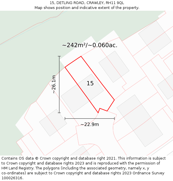 15, DETLING ROAD, CRAWLEY, RH11 9QL: Plot and title map