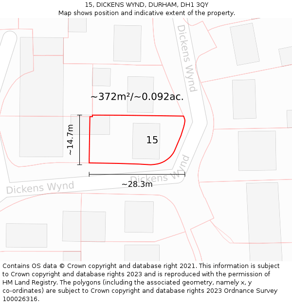 15, DICKENS WYND, DURHAM, DH1 3QY: Plot and title map