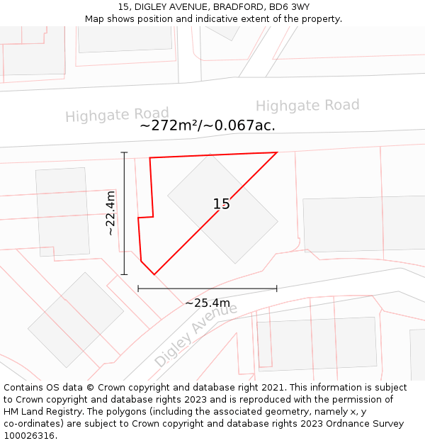 15, DIGLEY AVENUE, BRADFORD, BD6 3WY: Plot and title map