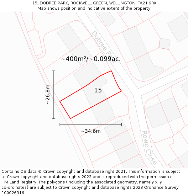 15, DOBREE PARK, ROCKWELL GREEN, WELLINGTON, TA21 9RX: Plot and title map