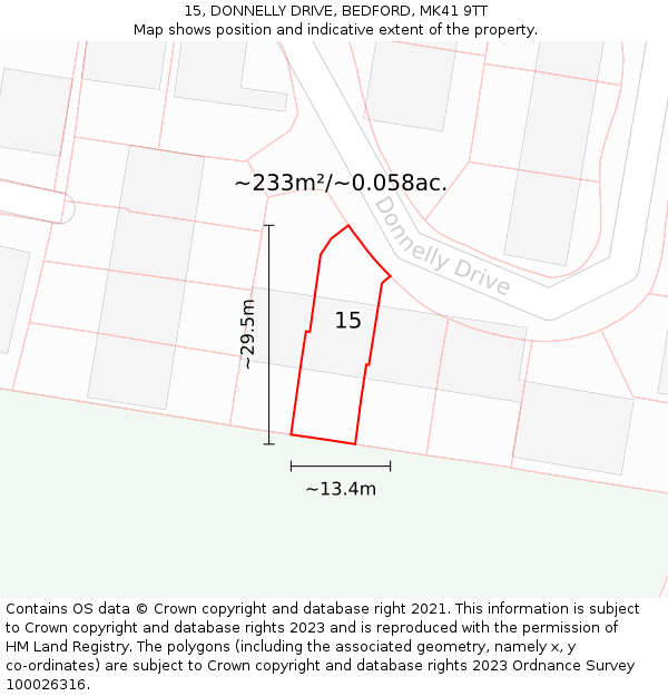 15, DONNELLY DRIVE, BEDFORD, MK41 9TT: Plot and title map