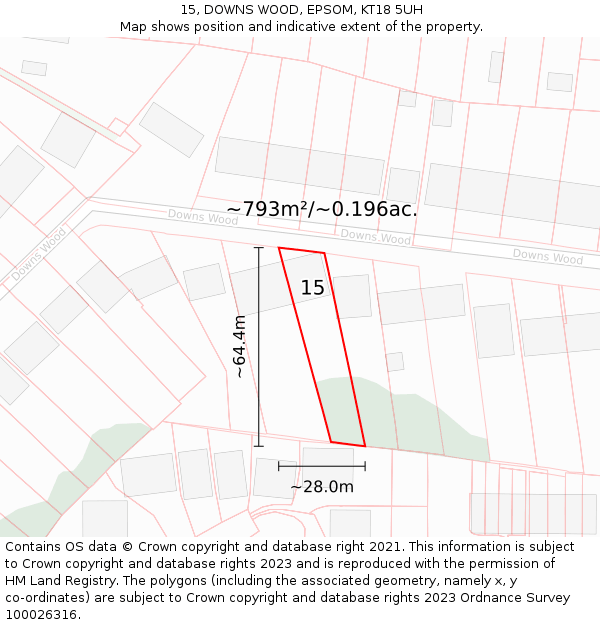 15, DOWNS WOOD, EPSOM, KT18 5UH: Plot and title map