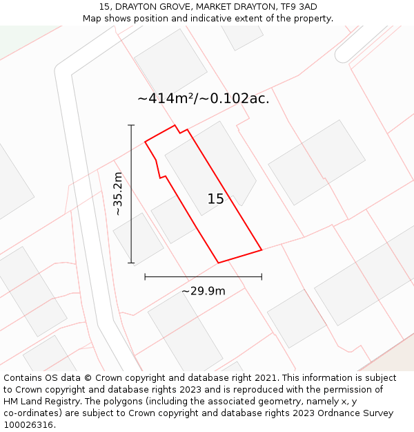 15, DRAYTON GROVE, MARKET DRAYTON, TF9 3AD: Plot and title map