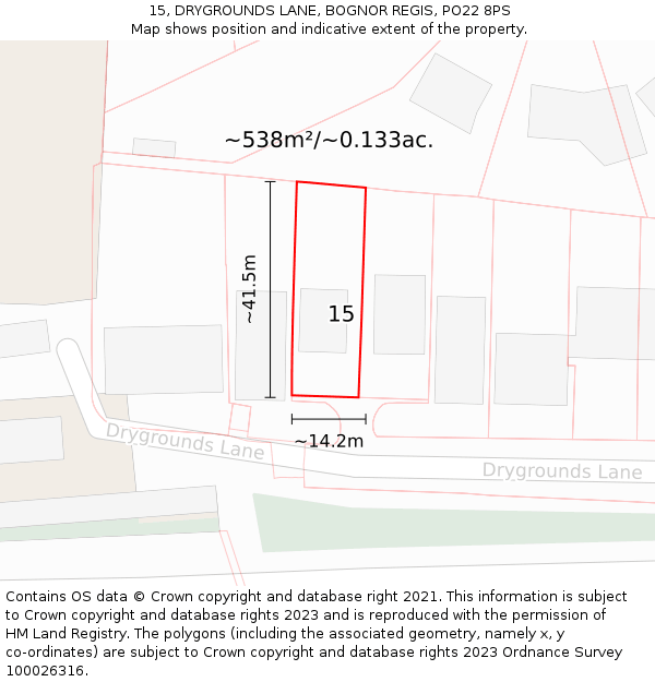 15, DRYGROUNDS LANE, BOGNOR REGIS, PO22 8PS: Plot and title map