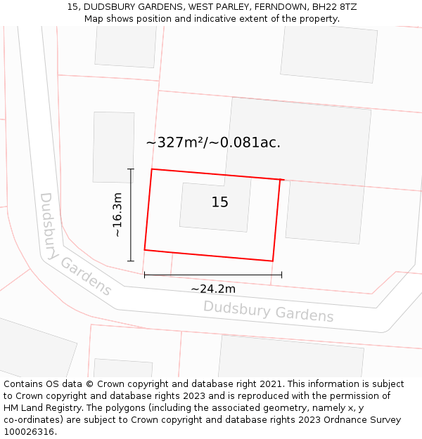 15, DUDSBURY GARDENS, WEST PARLEY, FERNDOWN, BH22 8TZ: Plot and title map