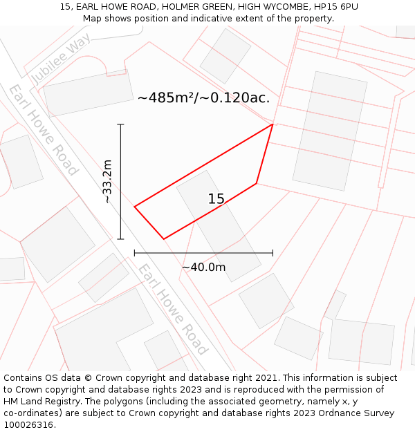 15, EARL HOWE ROAD, HOLMER GREEN, HIGH WYCOMBE, HP15 6PU: Plot and title map