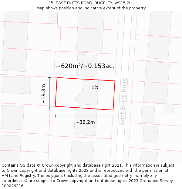 15, EAST BUTTS ROAD, RUGELEY, WS15 2LU: Plot and title map