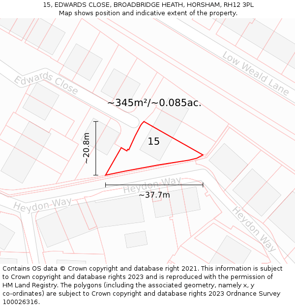 15, EDWARDS CLOSE, BROADBRIDGE HEATH, HORSHAM, RH12 3PL: Plot and title map