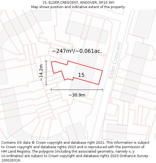 15, ELDER CRESCENT, ANDOVER, SP10 3XY: Plot and title map