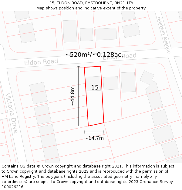 15, ELDON ROAD, EASTBOURNE, BN21 1TA: Plot and title map