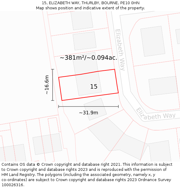 15, ELIZABETH WAY, THURLBY, BOURNE, PE10 0HN: Plot and title map