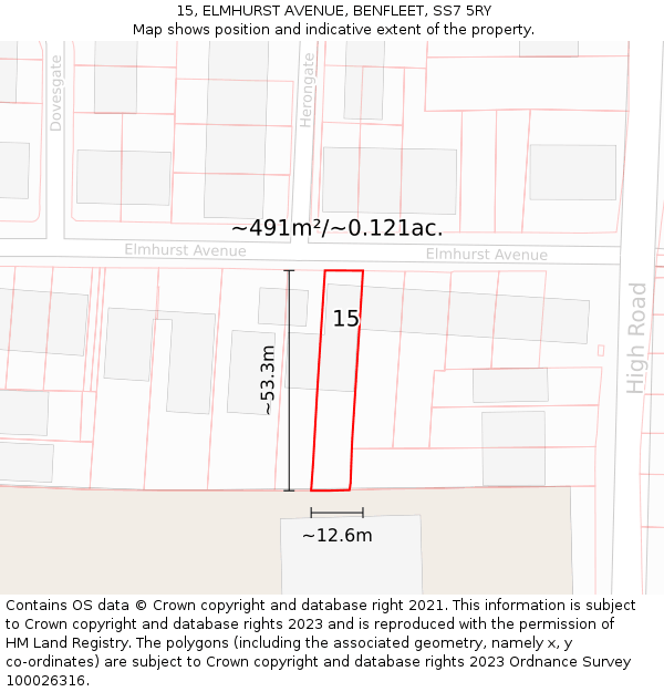 15, ELMHURST AVENUE, BENFLEET, SS7 5RY: Plot and title map