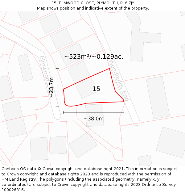 15, ELMWOOD CLOSE, PLYMOUTH, PL6 7JY: Plot and title map