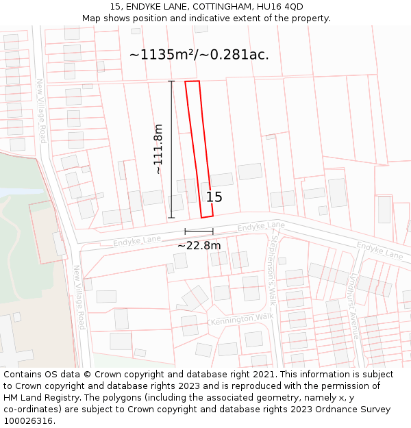 15, ENDYKE LANE, COTTINGHAM, HU16 4QD: Plot and title map