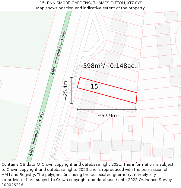 15, ENNISMORE GARDENS, THAMES DITTON, KT7 0YS: Plot and title map