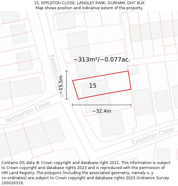15, EPPLETON CLOSE, LANGLEY PARK, DURHAM, DH7 9UX: Plot and title map