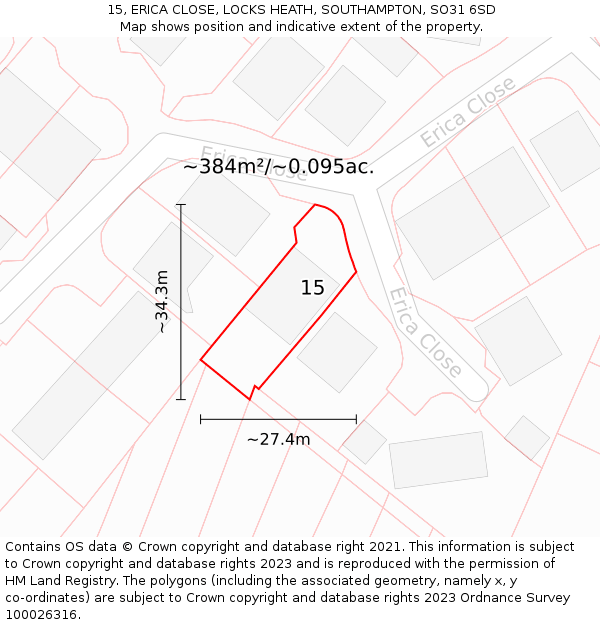 15, ERICA CLOSE, LOCKS HEATH, SOUTHAMPTON, SO31 6SD: Plot and title map