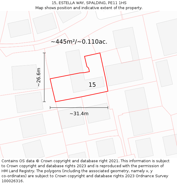 15, ESTELLA WAY, SPALDING, PE11 1HS: Plot and title map