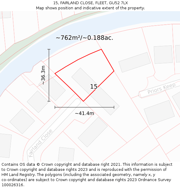 15, FAIRLAND CLOSE, FLEET, GU52 7LX: Plot and title map