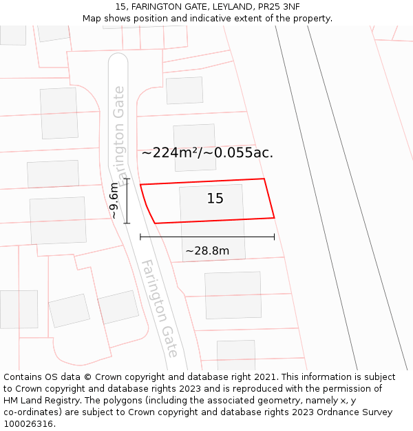 15, FARINGTON GATE, LEYLAND, PR25 3NF: Plot and title map