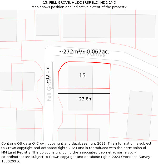 15, FELL GROVE, HUDDERSFIELD, HD2 1NQ: Plot and title map