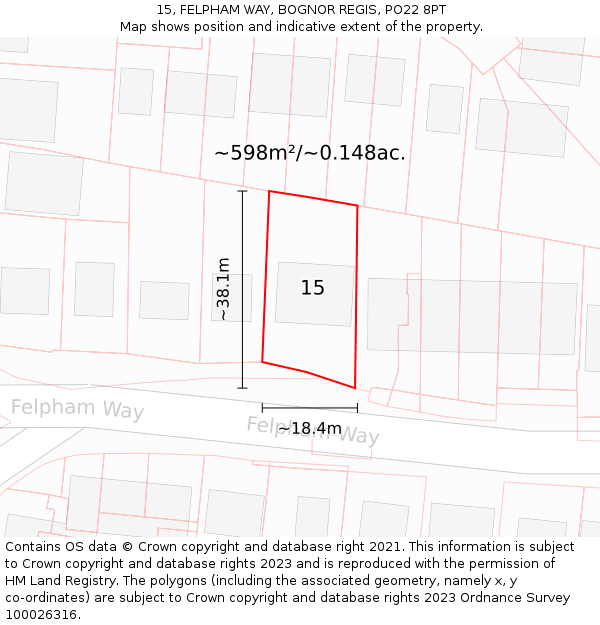 15, FELPHAM WAY, BOGNOR REGIS, PO22 8PT: Plot and title map