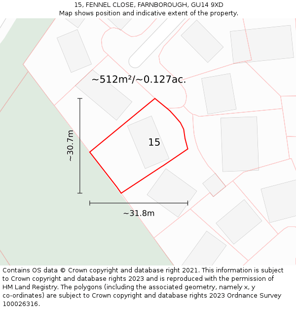 15, FENNEL CLOSE, FARNBOROUGH, GU14 9XD: Plot and title map