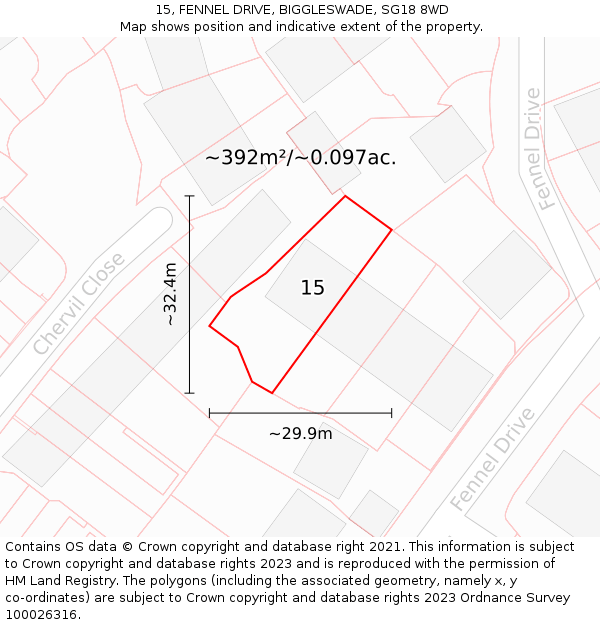 15, FENNEL DRIVE, BIGGLESWADE, SG18 8WD: Plot and title map