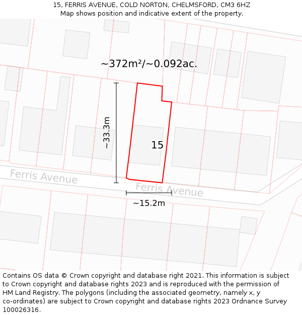 15, FERRIS AVENUE, COLD NORTON, CHELMSFORD, CM3 6HZ: Plot and title map