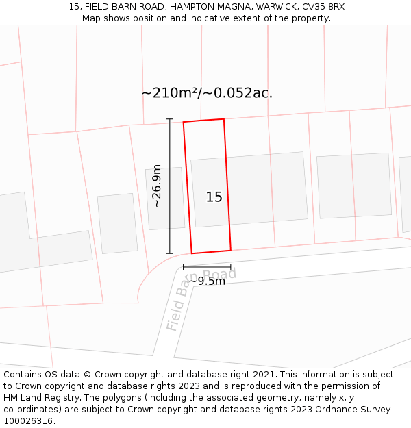 15, FIELD BARN ROAD, HAMPTON MAGNA, WARWICK, CV35 8RX: Plot and title map