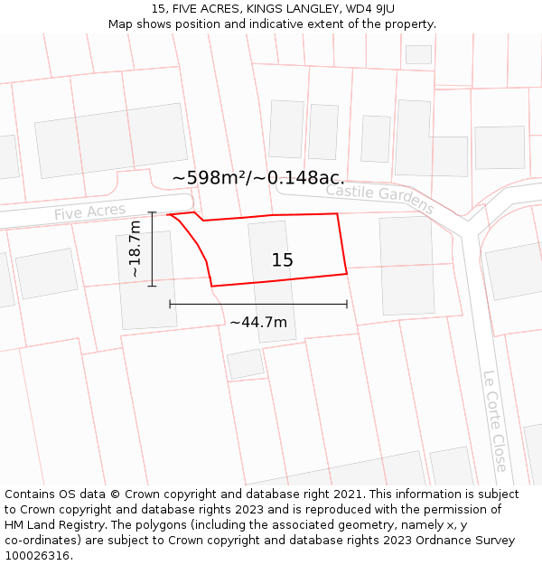 15, FIVE ACRES, KINGS LANGLEY, WD4 9JU: Plot and title map