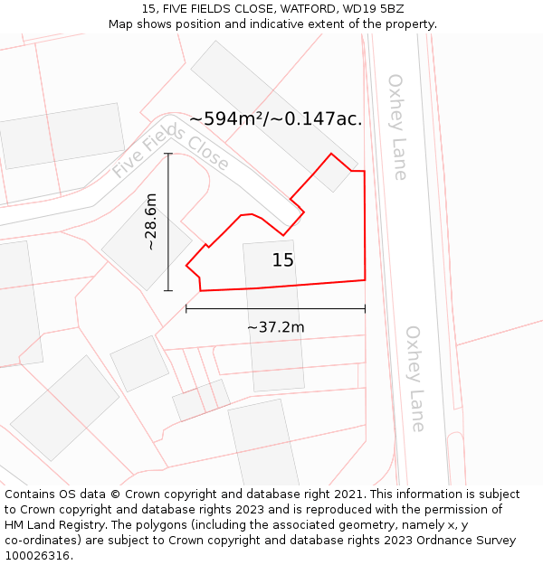 15, FIVE FIELDS CLOSE, WATFORD, WD19 5BZ: Plot and title map