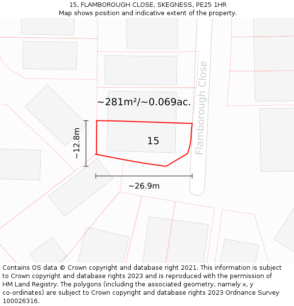 15, FLAMBOROUGH CLOSE, SKEGNESS, PE25 1HR: Plot and title map