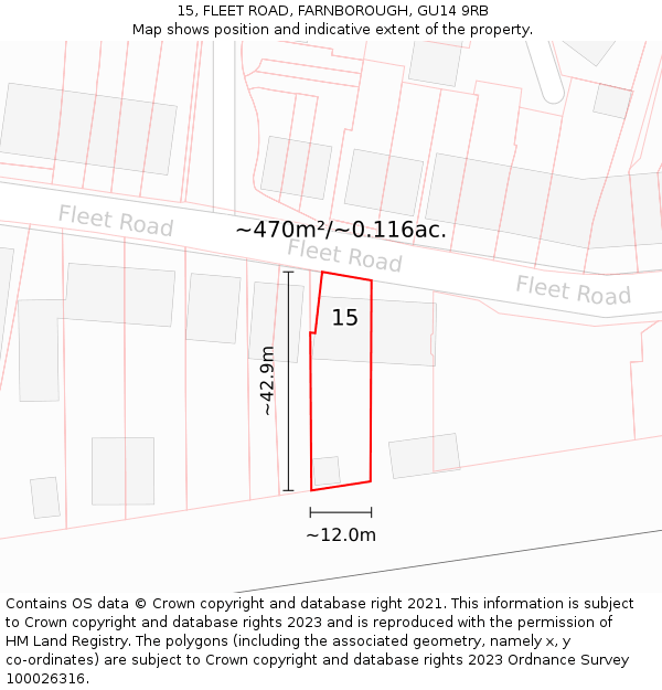 15, FLEET ROAD, FARNBOROUGH, GU14 9RB: Plot and title map