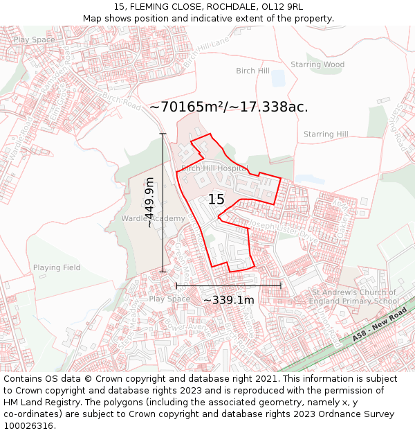 15, FLEMING CLOSE, ROCHDALE, OL12 9RL: Plot and title map