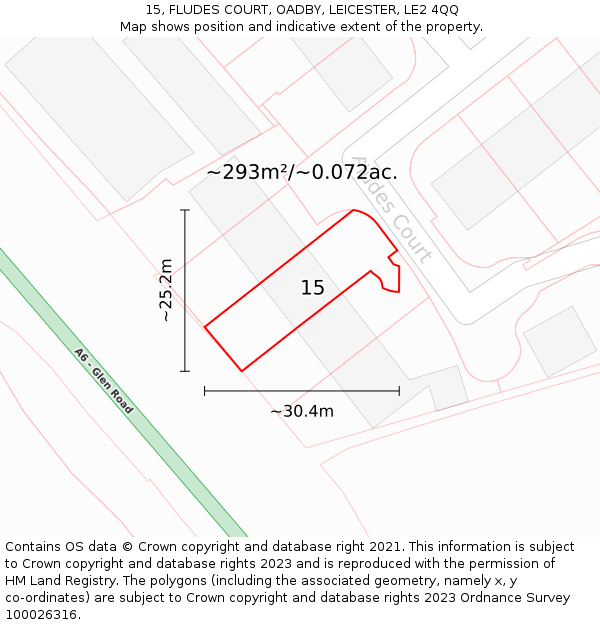 15, FLUDES COURT, OADBY, LEICESTER, LE2 4QQ: Plot and title map