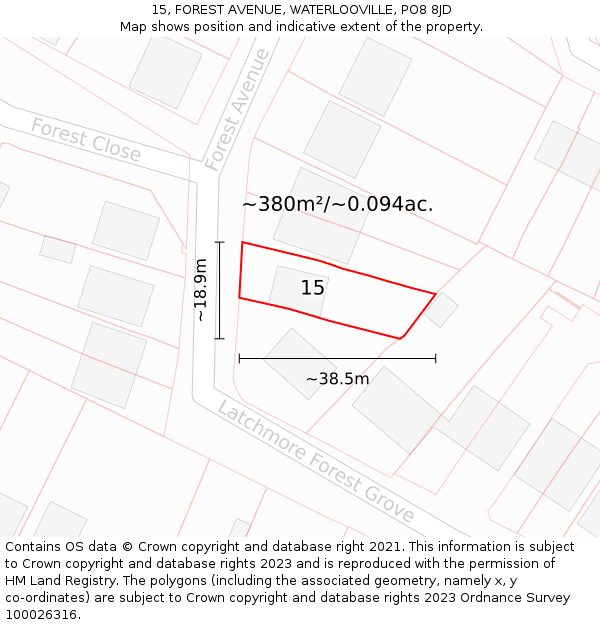 15, FOREST AVENUE, WATERLOOVILLE, PO8 8JD: Plot and title map